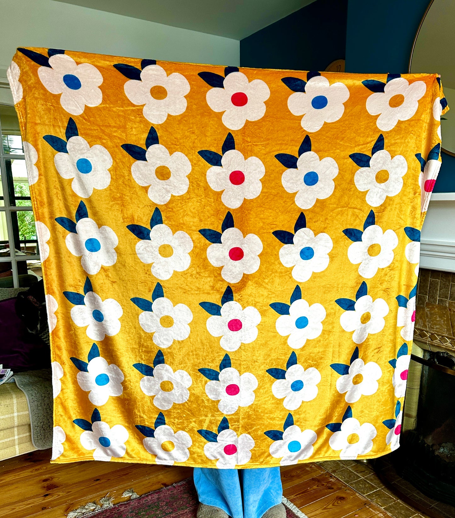 Grande couverture/jet en polaire rétro floral miel jaune moutarde - Emailhappy