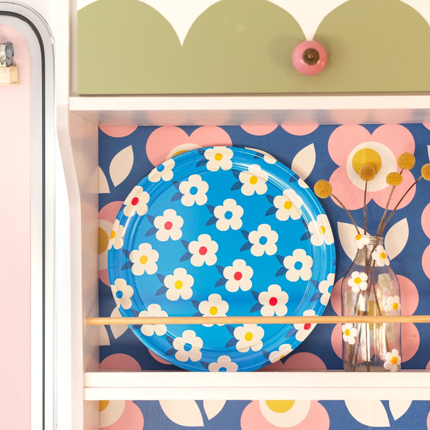 Gorgeous Round Tray Retro Floral Ocean Blue - Enamelhappy - Enamelhappy