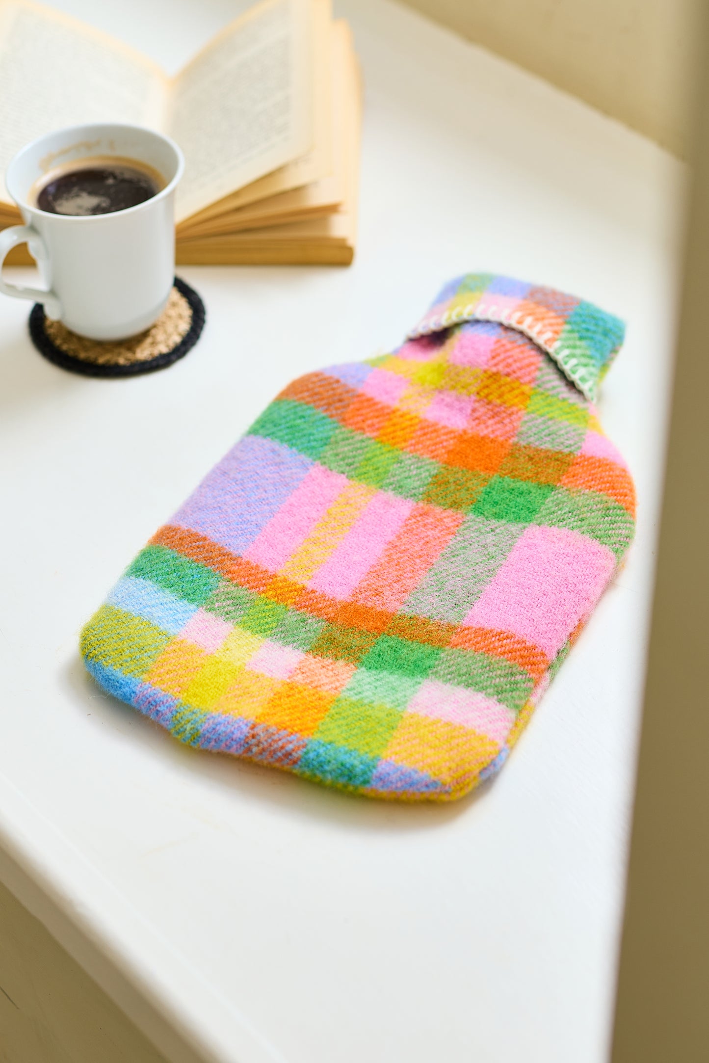 Pure New Wool Hot Water Bottle Bright RainBow Check - Enamelhappy
