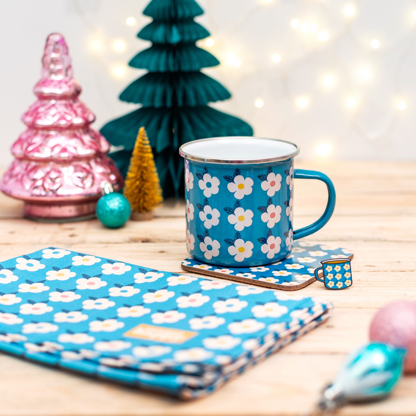 BLUE GIFT BUNDLE For Her Ocean Blue Retro Floral Enamel Cup Campervan Tin Mug Tea Towel Turquoise Colour Pop Home - Enamelhappy