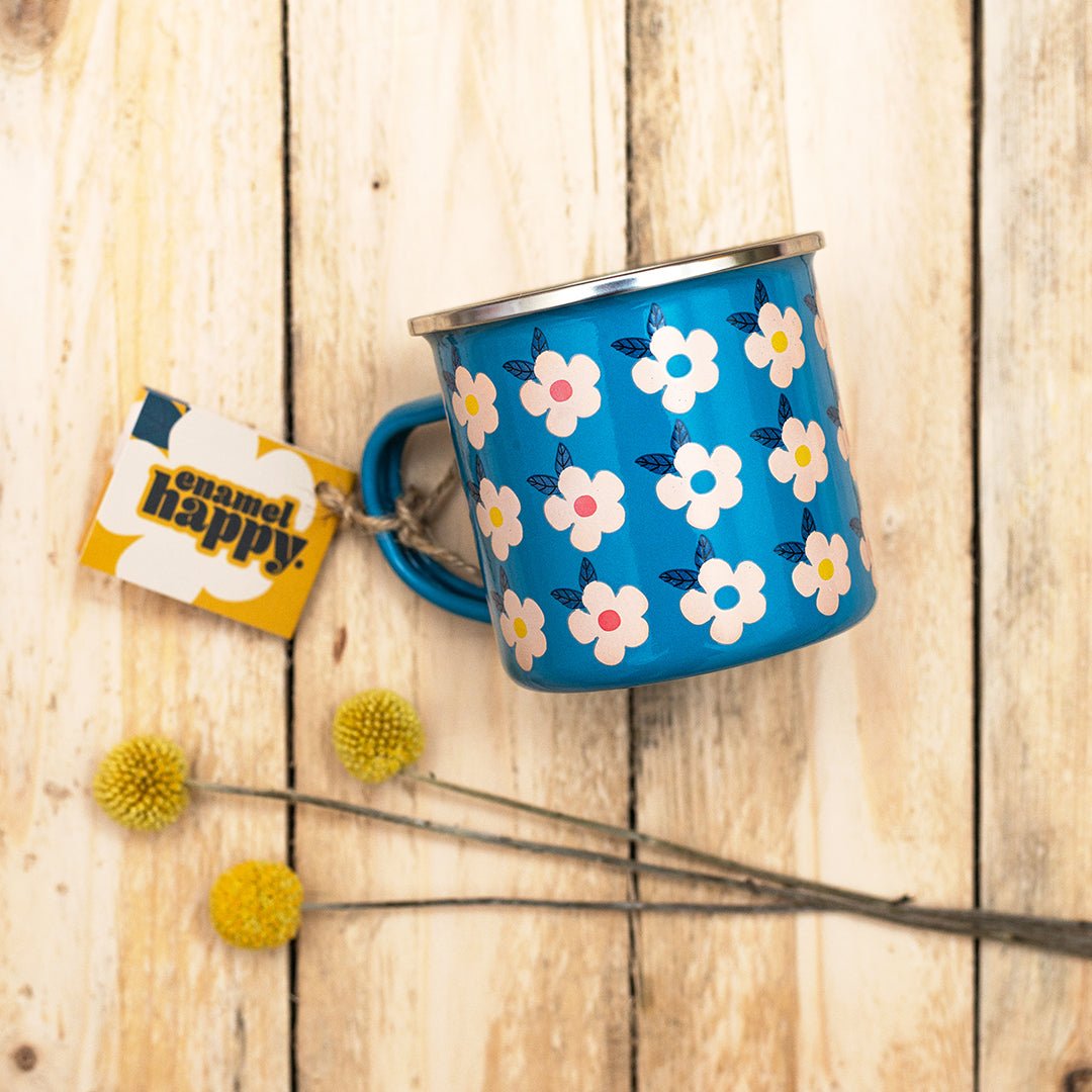 Enamel Bowl and Mug Set Retro Daisy Print - Enamelhappy