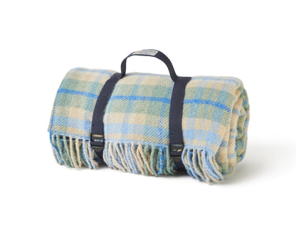 Polo Picnic Rug Blanket McKellar Tartan Checked Brown/Neutrals with Leather Strap - Beautiful Tweedmill