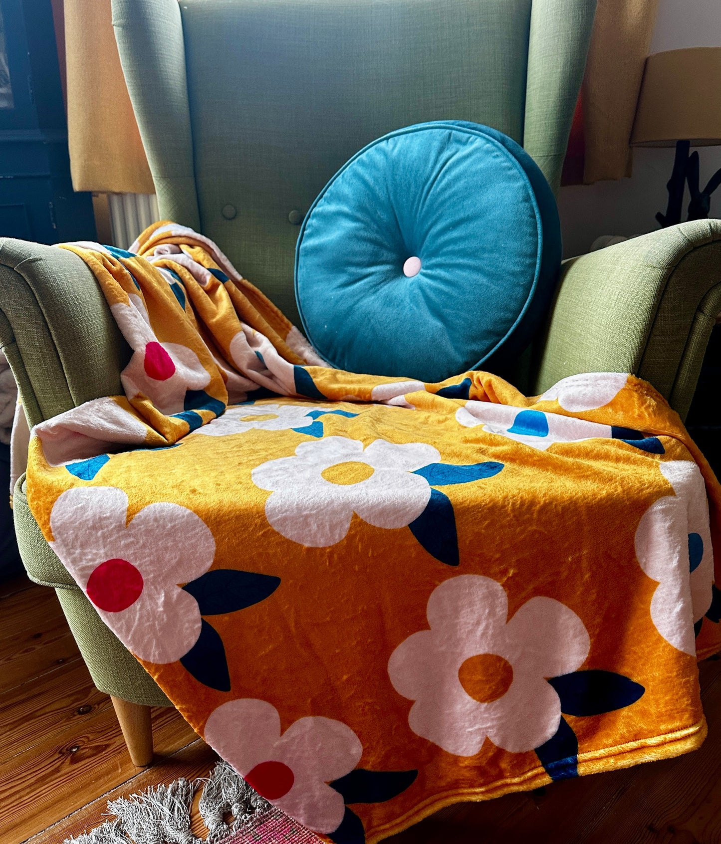 Grande couverture/jet en polaire rétro floral miel jaune moutarde - Emailhappy