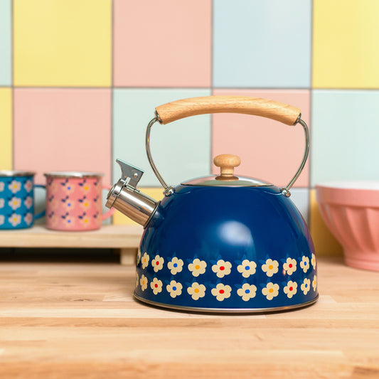 2.5L Whistling Kettle Stainless Steel Midnight Navy Blue Floral - Enamelhappy - Enamelhappy