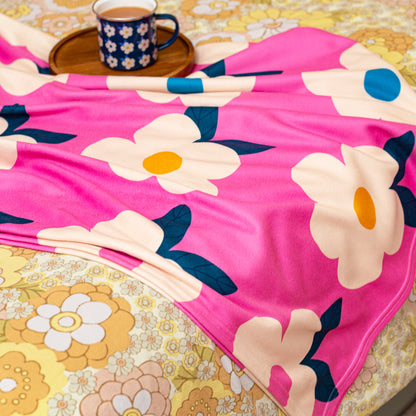 Retro Floral Rose Pink Large Fleece Blanket/Throw - Enamelhappy - Enamelhappy