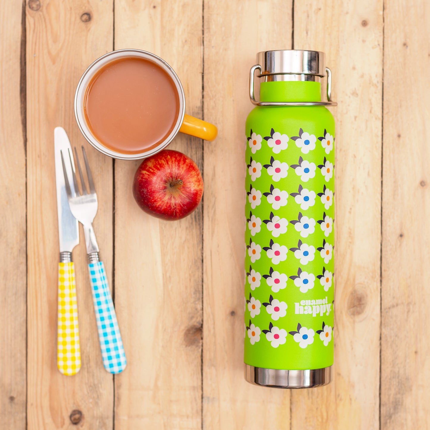 650ml Copper Insulated Retro Floral Print Water Bottle Lime Green / Navy - Enamelhappy