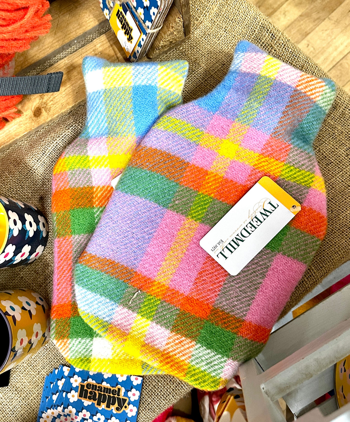 Pure New Wool Hot Water Bottle Bright RainBow Check