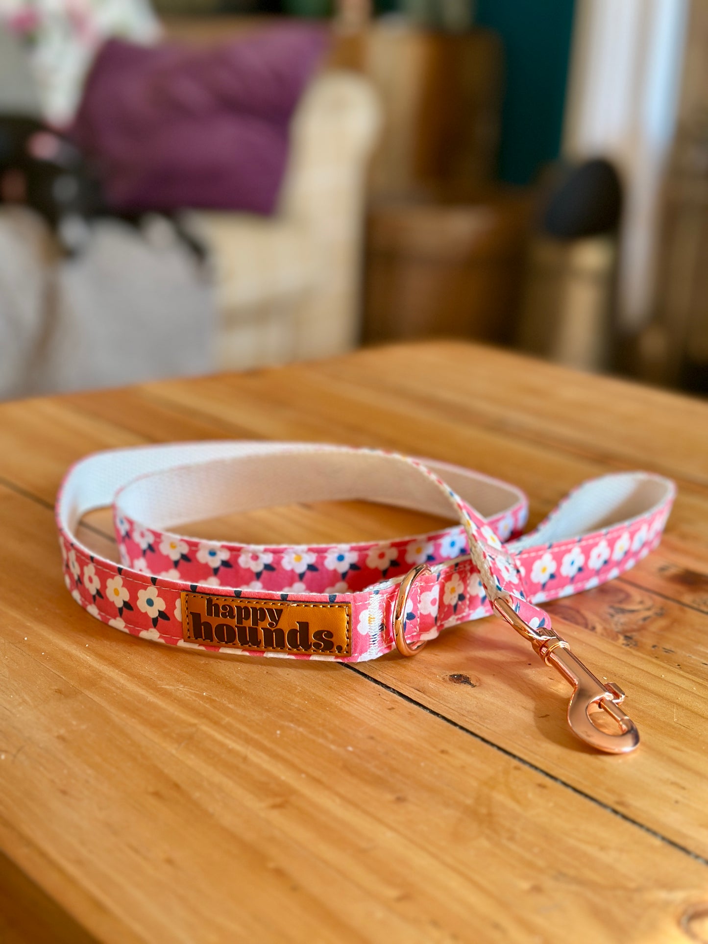 Retro Floral Dog Lead in Rose Pink with Rose Gold Hardware by happyhounds
