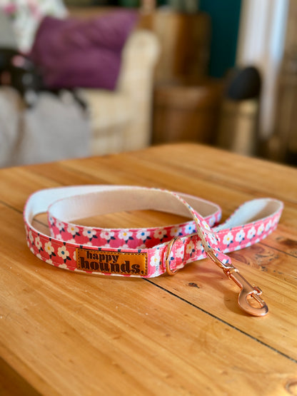 Retro Floral Dog Lead in Rose Pink with Rose Gold Hardware by happyhounds