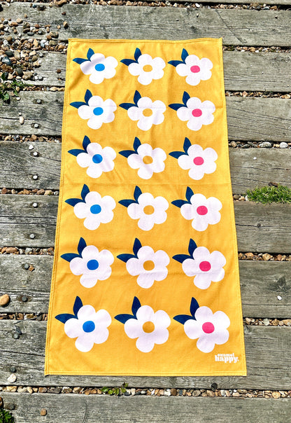 Beautiful Quick Dry Beach/Bath Towel Large - Retro Floral Honey Yellow