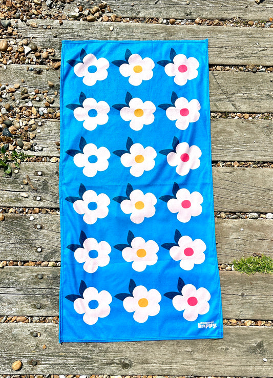 Beautiful Quick Dry Beach/Bath Towel Large - Retro Floral Ocean Blue