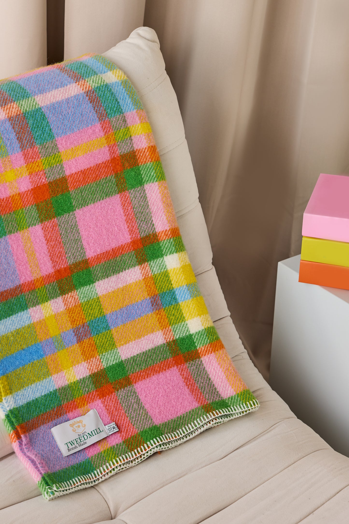 Rainbow Check Wool Throw Blanket: Tweedmill, British Made