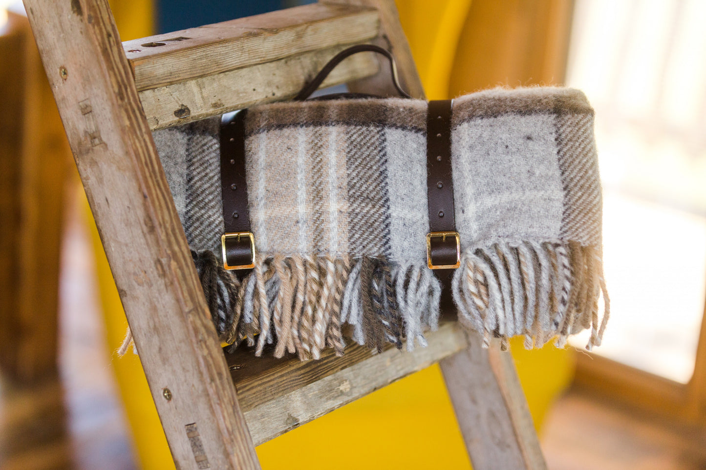 Polo Picnic Rug Blanket McKellar Tartan Checked Brown/Neutrals with Leather Strap - Beautiful Tweedmill