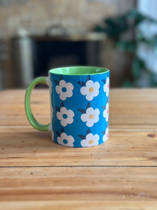 Retro Floral 11oz Ceramic Mug - Ocean Blue with Green