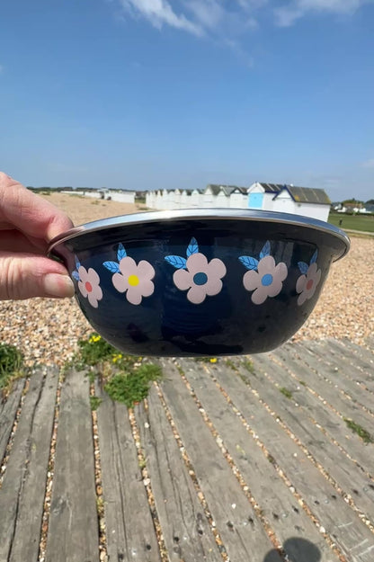 Midnight Navy Blue Retro Daisy Enamel Bowls - Enamelhappy
