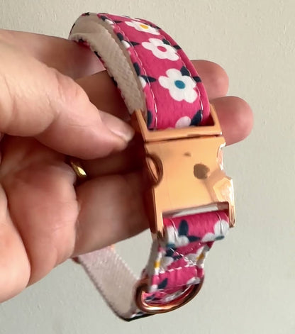 Retro Floral Dog Collar and Lead Set in Rose Pink with Rose Gold Hardware by happyhounds