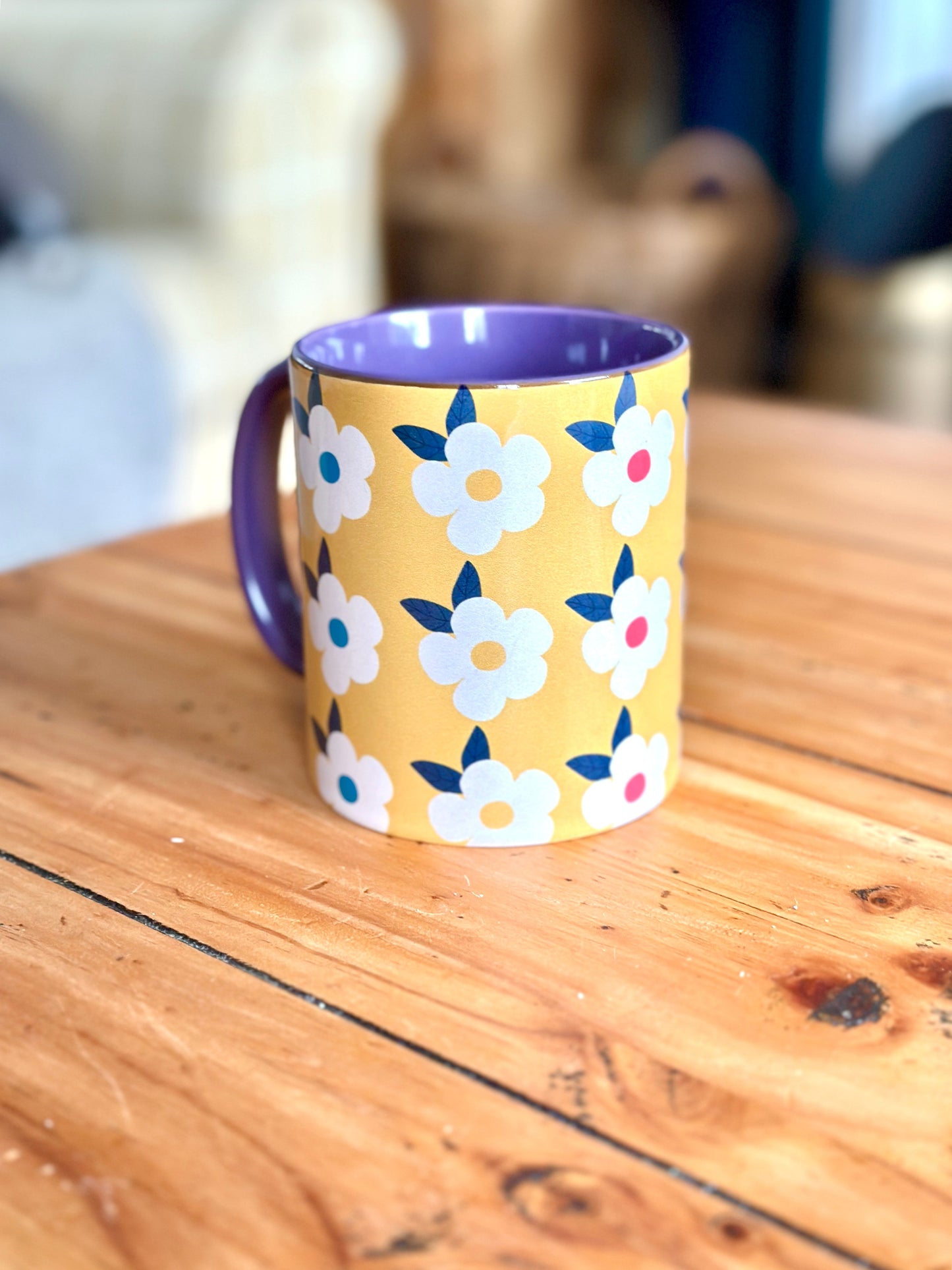 Retro Floral 11oz Ceramic Mug - Honey Yellow with Purple - Enamelhappy