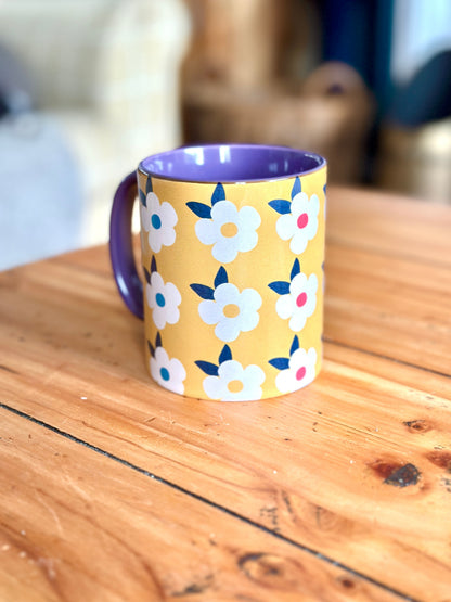 Retro Floral 11oz Ceramic Mug - Honey Yellow with Purple - Enamelhappy