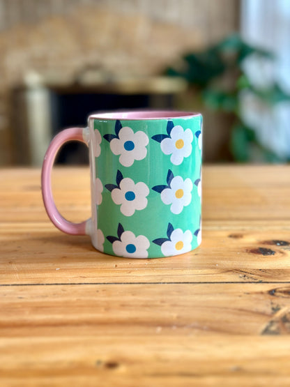 Retro Floral 11oz Ceramic Mug - Meadow Green with Pink - Enamelhappy