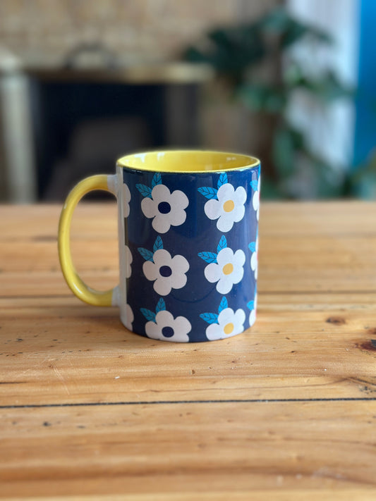 Retro Floral 11oz Ceramic Mug - Midnight Navy with Yellow. - Enamelhappy