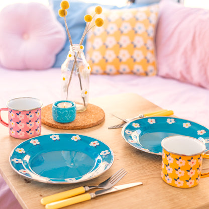 Beautiful Enamel Plates Set of Four Ocean Teal Blue - Enamelhappy