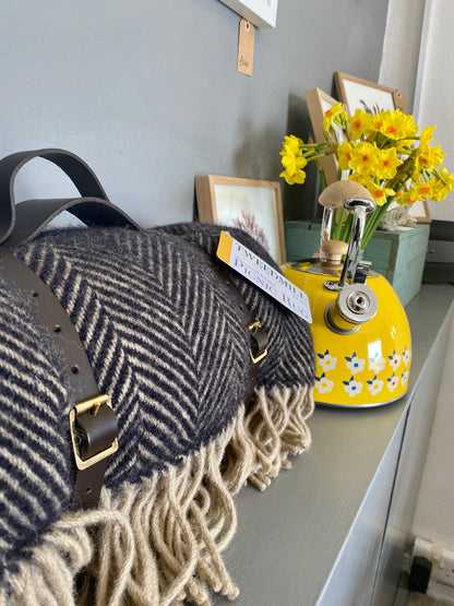 Polo Picnic Rug Blanket Herringbone Vintage/Brown with Leather Straps - Beautiful Tweedmill