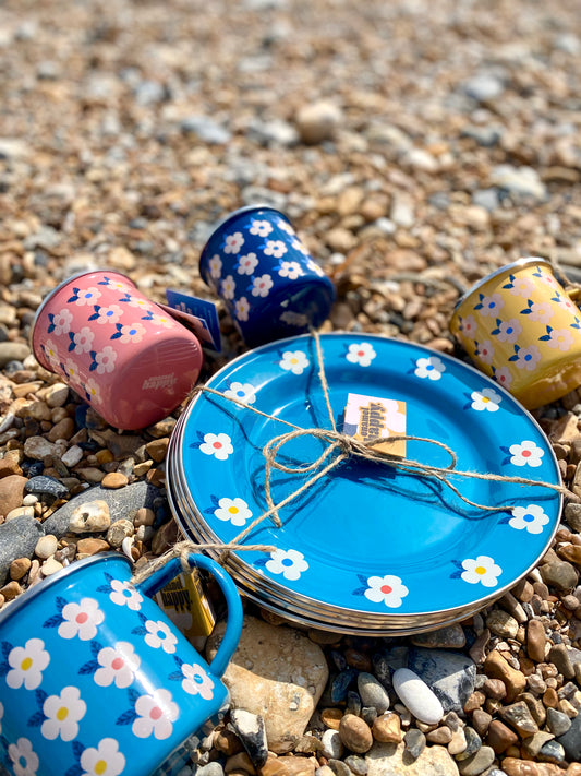 Set for Four Enamel Plates & Mugs Pretty Colourful Enamelware - Enamelhappy