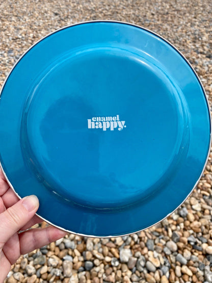 Pair of Beautiful Enamel Plates In Ocean Teal Blue Retro Floral - Enamelhappy - Enamelhappy