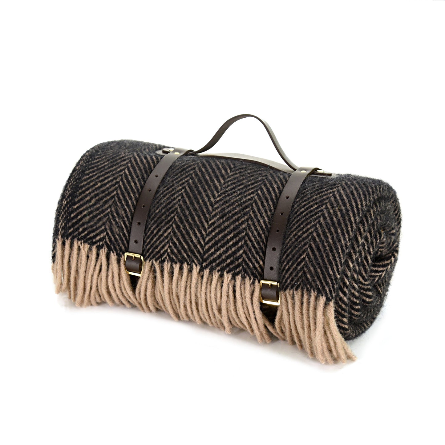 Polo Picnic Rug Blanket Herringbone Vintage/Brown with Leather Straps - Beautiful Tweedmill - Enamelhappy